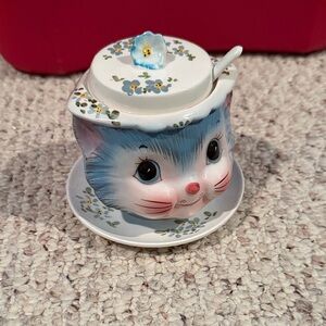 Lefton blue & white Miss Priss Jam Jar w/lid & under plate. Spoon is not Lefton